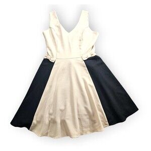 Love Culture Dress Size Large Beige Black Color Block Fit Flare V-Neck Bow Sides